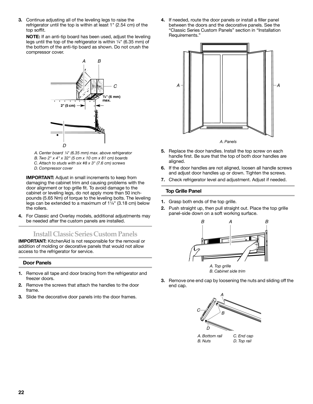 KitchenAid 2316565B manual Install ClassicSeries Custom Panels, Door Panels 