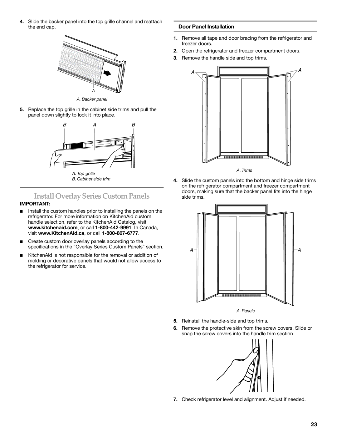 KitchenAid 2316565B manual Install OverlaySeries Custom Panels, Door Panel Installation 