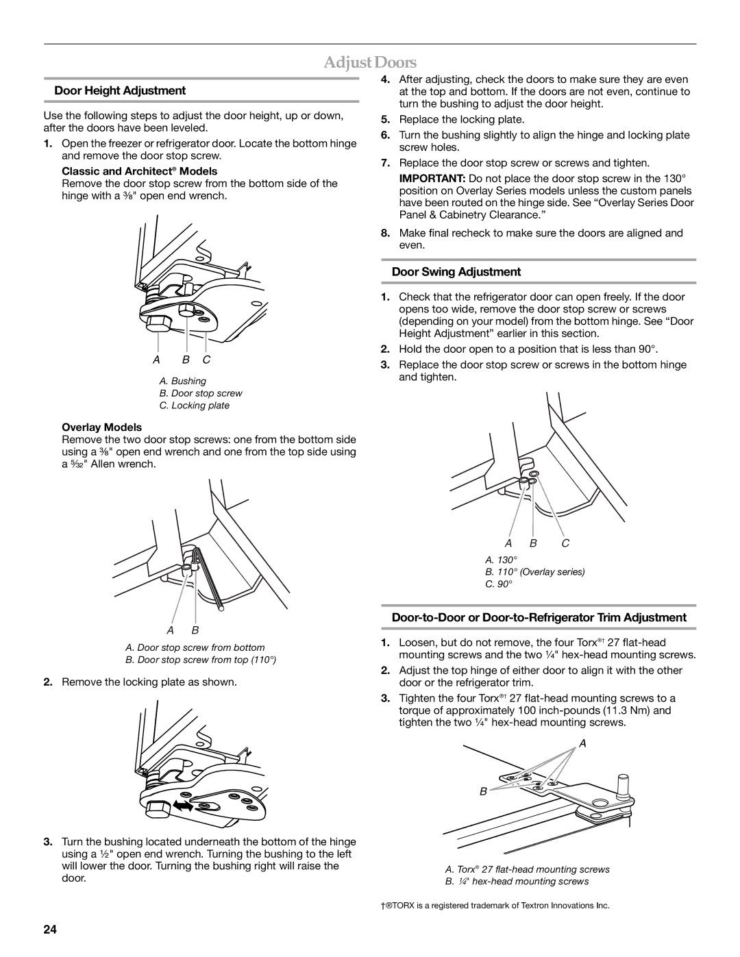 KitchenAid 2316565B manual Adjust Doors, Door Height Adjustment, Door Swing Adjustment 