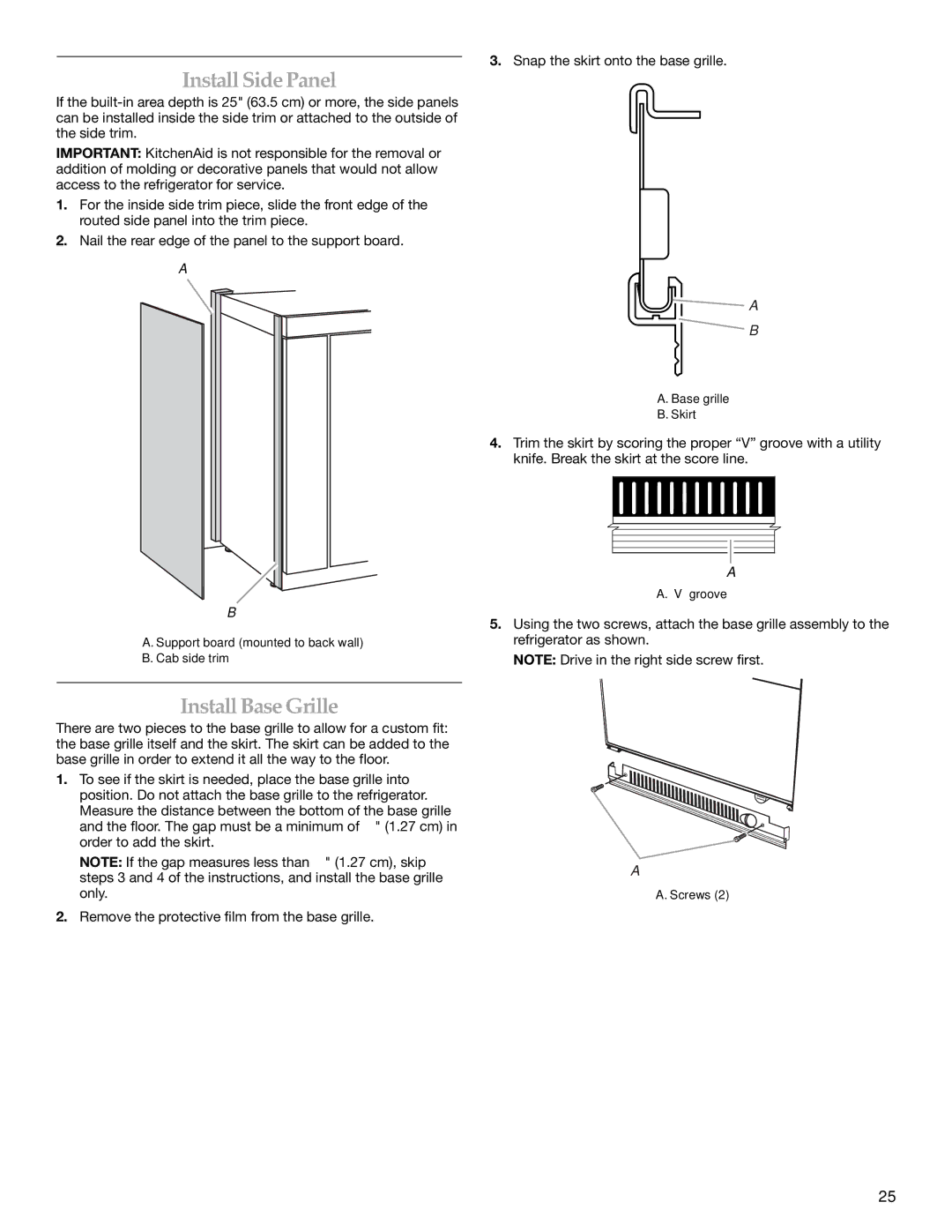 KitchenAid 2316565B manual Install Side Panel, Install Base Grille, Snap the skirt onto the base grille 