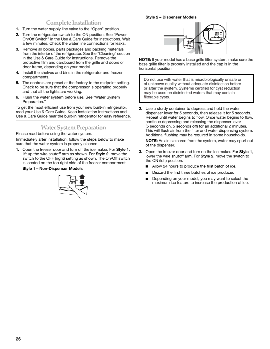 KitchenAid 2316565B Complete Installation, Water System Preparation, Style 1 Non-Dispenser Models Style 2 Dispenser Models 