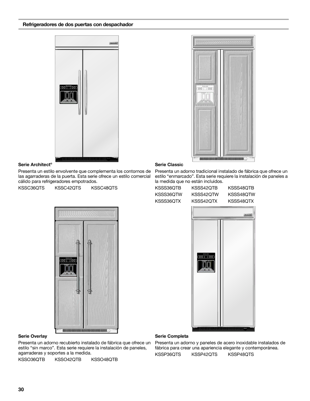 KitchenAid 2316565B manual Refrigeradores de dos puertas con despachador, Serie Completa 