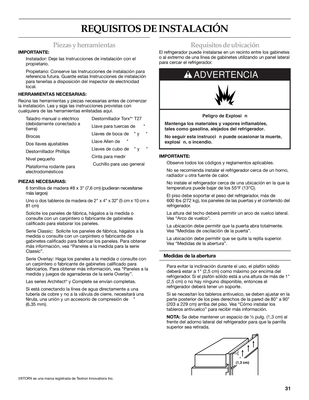 KitchenAid 2316565B manual Requisitos DE Instalación, Piezas y herramientas, Requisitosde ubicación, Medidas de la abertura 