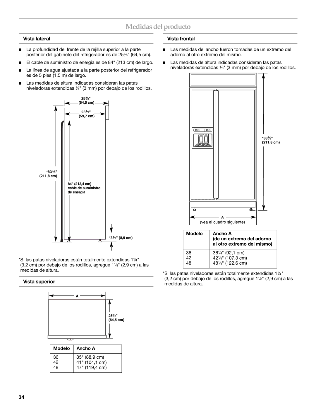 KitchenAid 2316565B manual Medidas delproducto, Vista lateral Vista frontal, Vista superior, Modelo Ancho a 