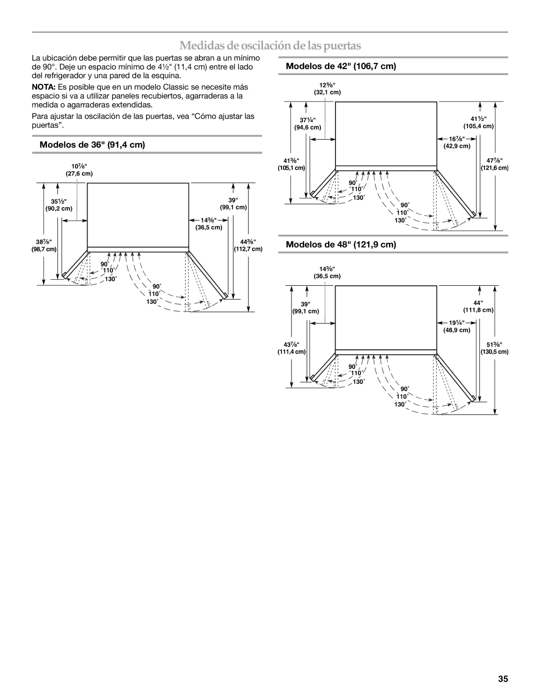 KitchenAid 2316565B manual Medidas de oscilación de las puertas, Modelos de 36 91,4 cm, Modelos de 42 106,7 cm 