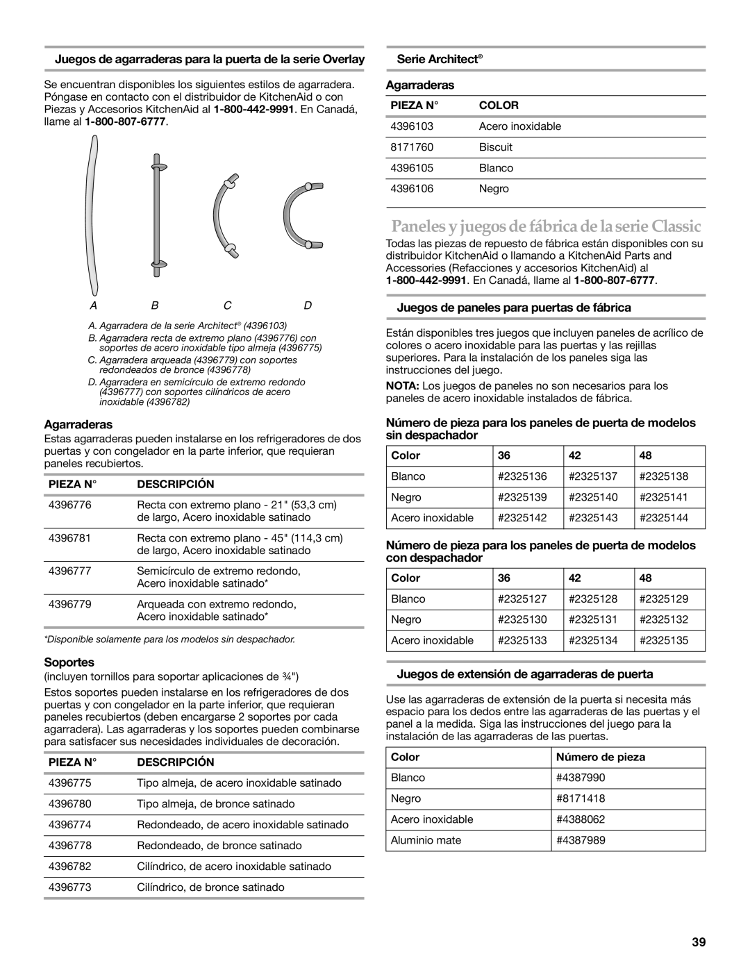 KitchenAid 2316565B manual Paneles y juegos de fábrica delaserie Classic 