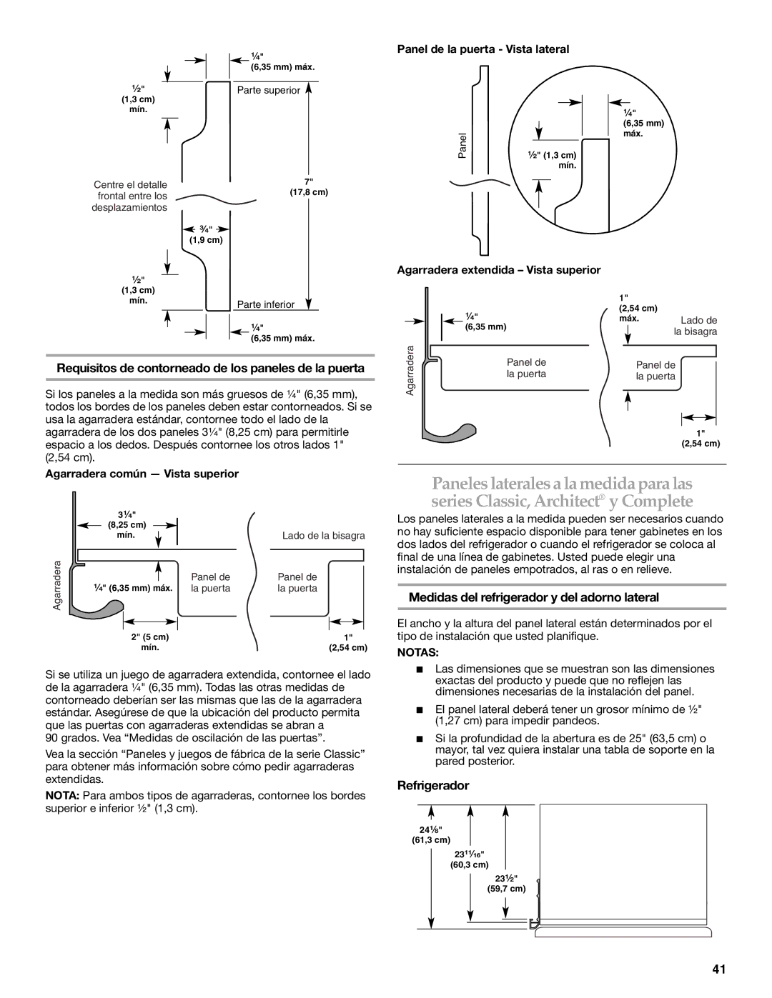 KitchenAid 2316565B Requisitos de contorneado de los paneles de la puerta, Medidas del refrigerador y del adorno lateral 