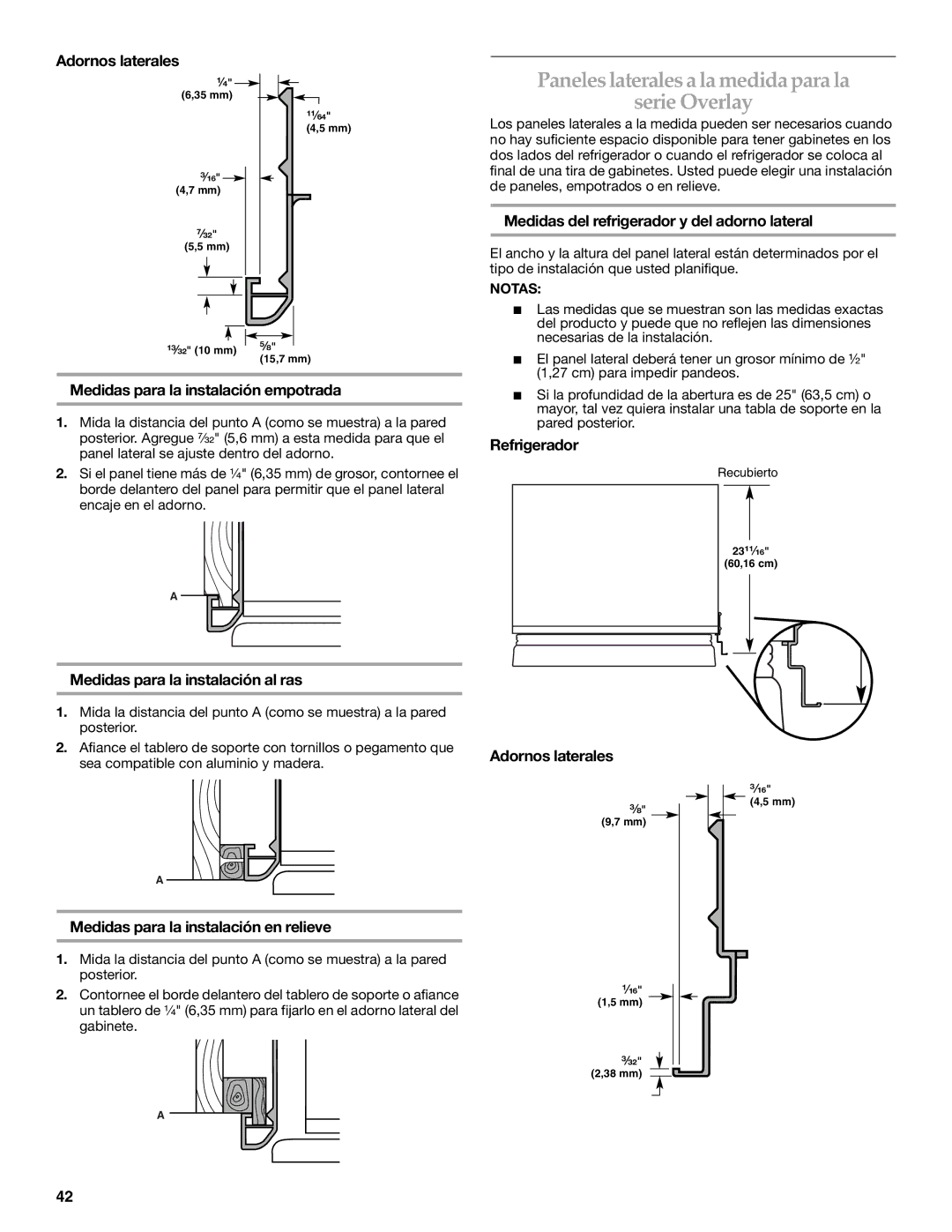 KitchenAid 2316565B manual Paneles laterales a la medida para la Serie Overlay, Adornos laterales 