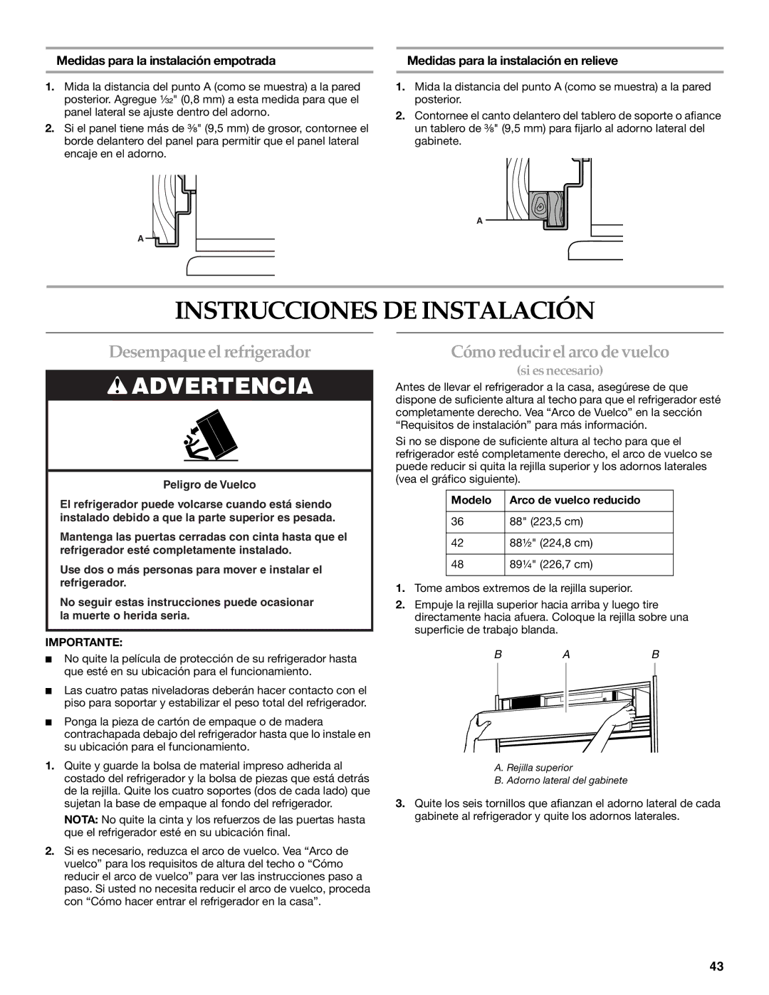 KitchenAid 2316565B manual Instrucciones DE Instalación, Desempaque el refrigerador, Cómoreducirelarco de vuelco 