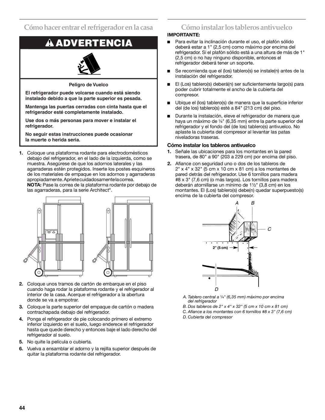 KitchenAid 2316565B manual Cómo instalarlos tablerosantivuelco, Cómo instalar los tableros antivuelco 