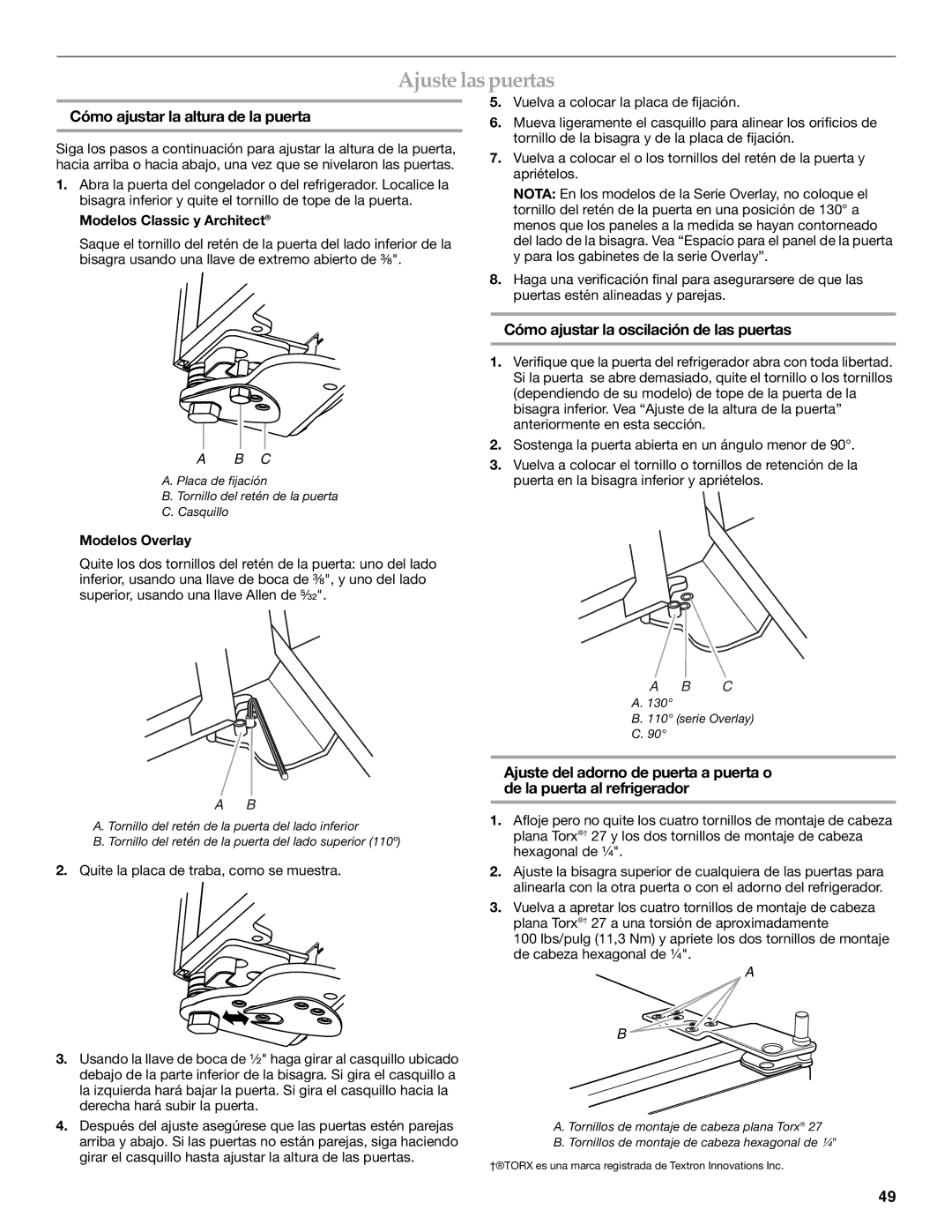 KitchenAid 2316565B Ajuste laspuertas, Cómo ajustar la altura de la puerta, Cómo ajustar la oscilación de las puertas 