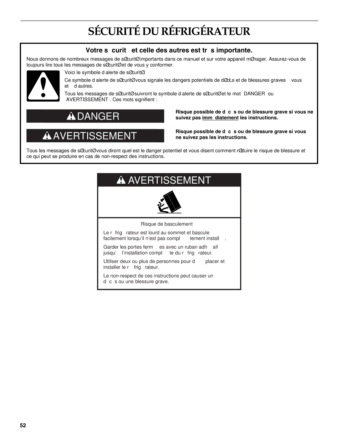 KitchenAid 2316565B manual Sécurité DU Réfrigérateur, Votre sécurité et celle des autres est très importante 