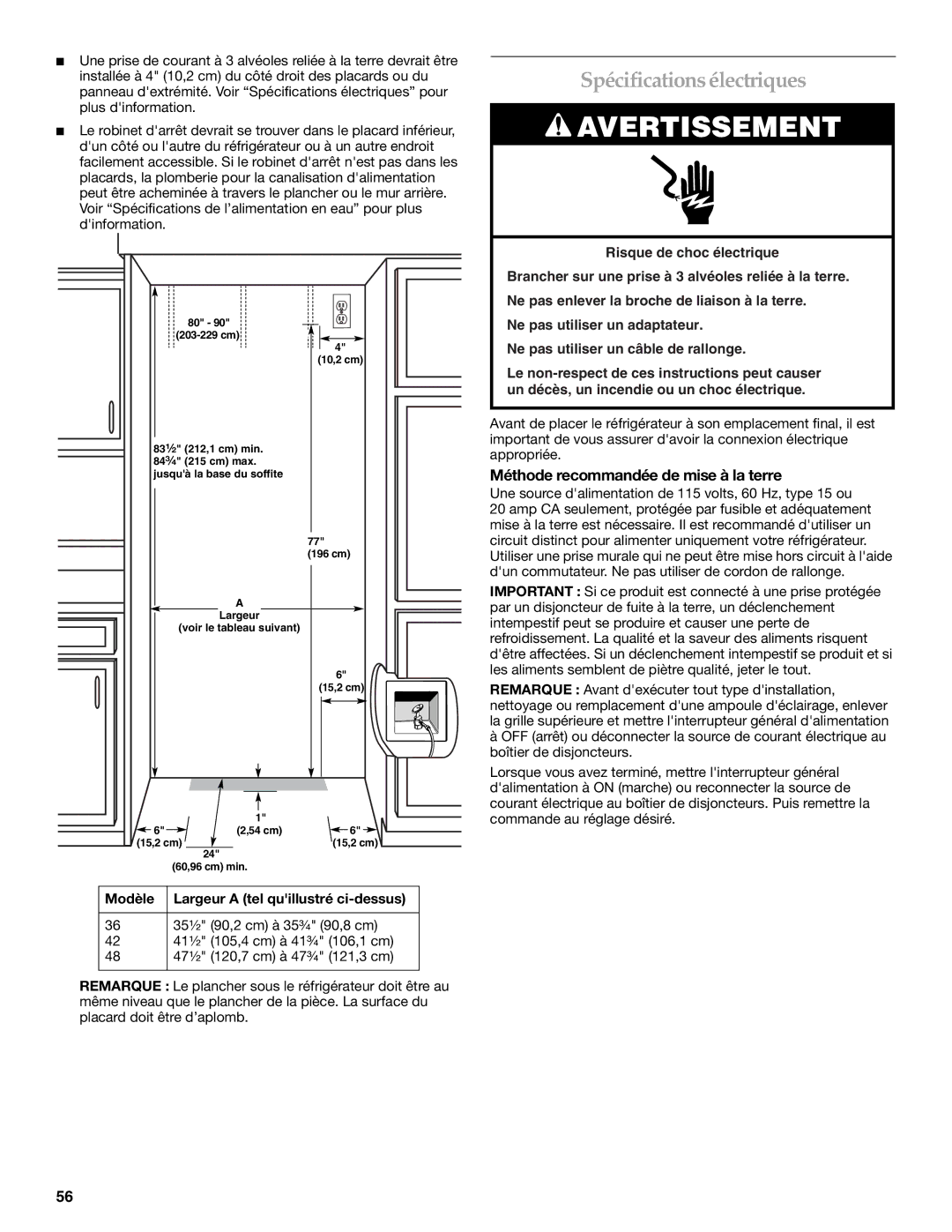 KitchenAid 2316565B manual Spécificationsélectriques, Méthode recommandée de mise à la terre 