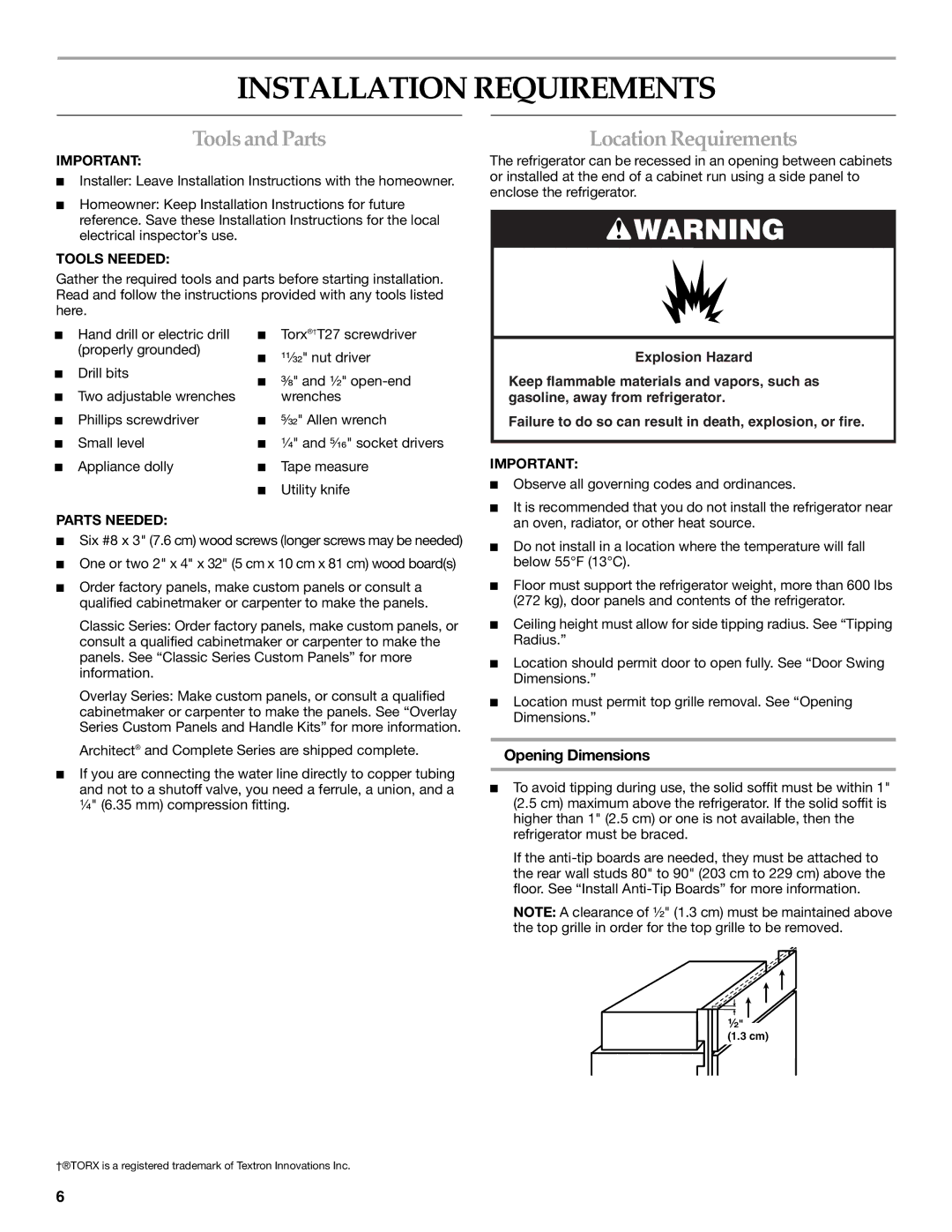 KitchenAid 2316565B manual Installation Requirements, Toolsand Parts, Location Requirements, Opening Dimensions 