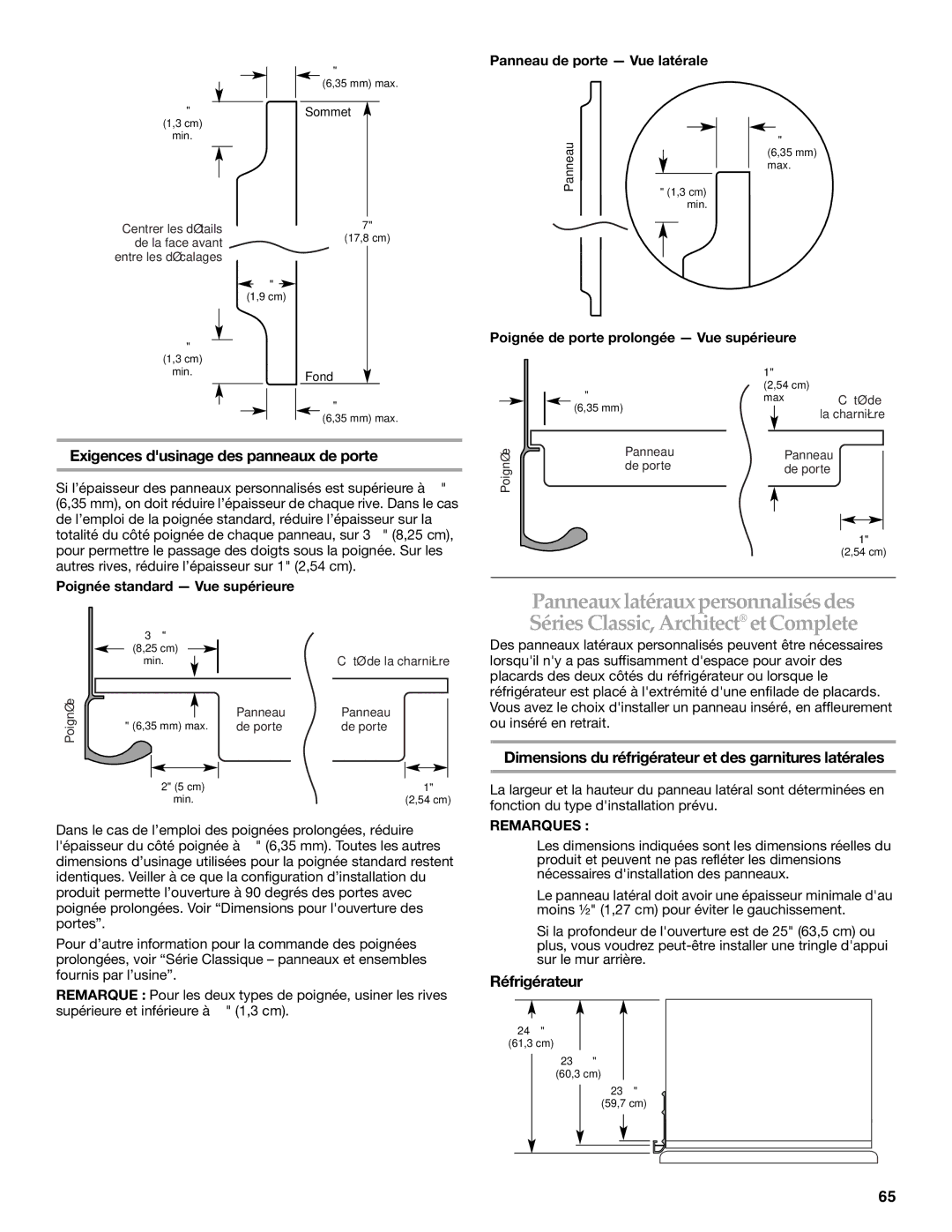 KitchenAid 2316565B Exigences dusinage des panneaux de porte, Dimensions du réfrigérateur et des garnitures latérales 