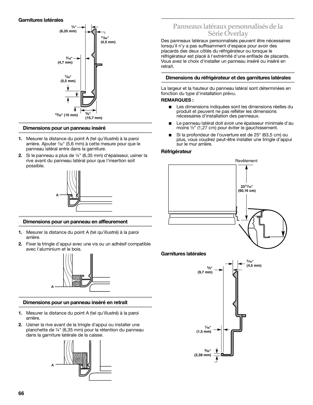 KitchenAid 2316565B manual Panneaux latéraux personnalisés de la Série Overlay, Garnitures latérales 