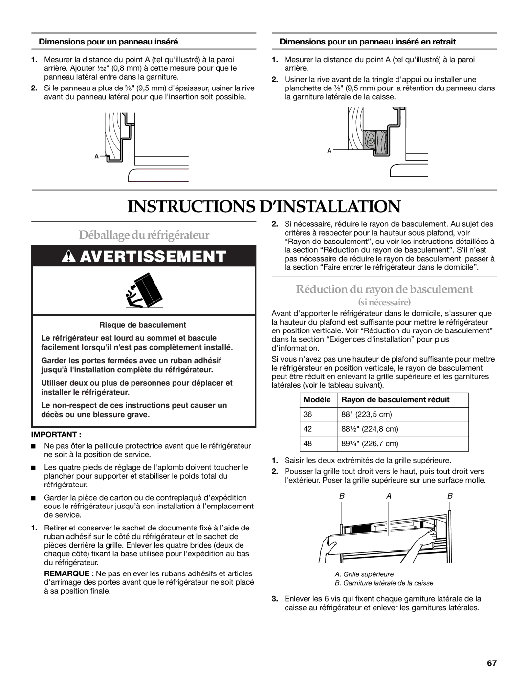 KitchenAid 2316565B manual Instructions D’INSTALLATION, Déballage du réfrigérateur, Réduction du rayon de basculement 