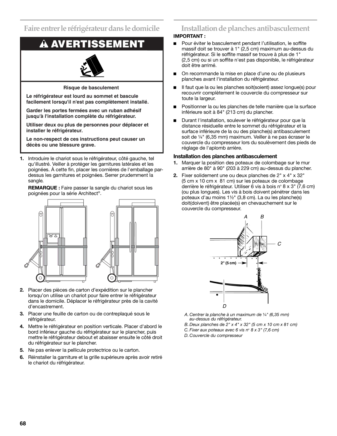 KitchenAid 2316565B manual Faire entrerle réfrigérateur dans le domicile, Installation de planchesantibasculement 