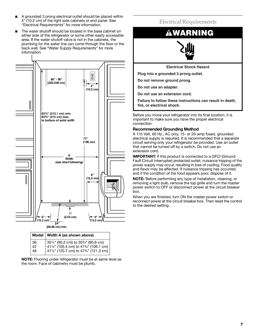 KitchenAid 2316565B manual Electrical Requirements, Recommended Grounding Method, Model Width a as shown above 