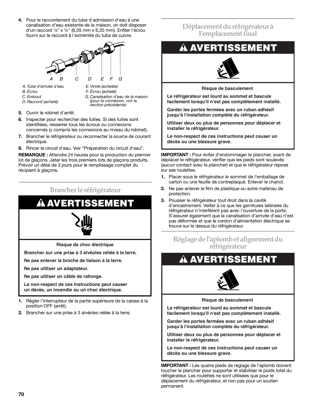 KitchenAid 2316565B manual Brancher le réfrigérateur, Déplacementdu réfrigérateur à Lemplacement final 