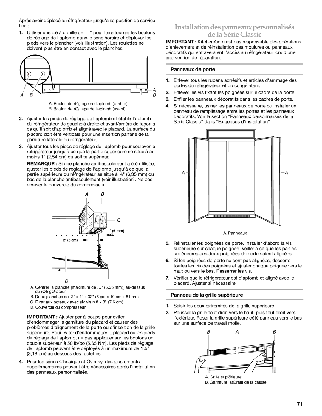 KitchenAid 2316565B manual Installation despanneaux personnalisés De la Série Classic, Panneaux de porte 