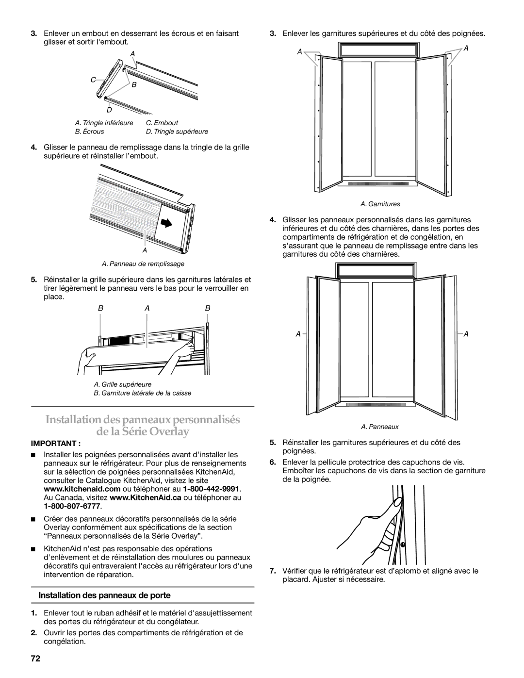 KitchenAid 2316565B manual Installation despanneaux personnalisés De la Série Overlay, Installation des panneaux de porte 