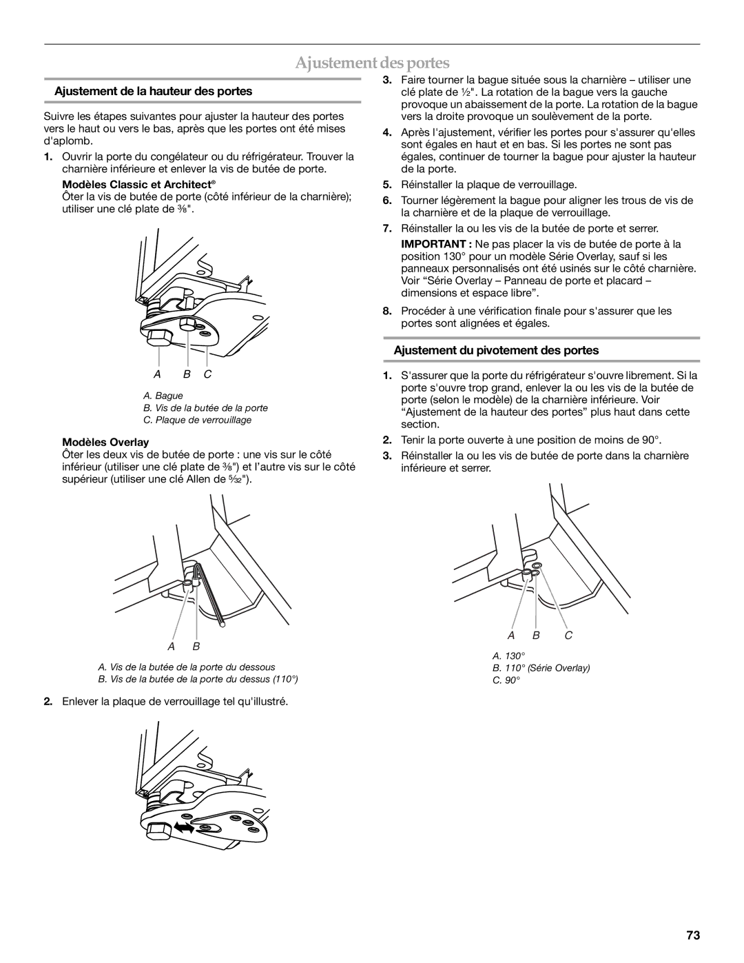 KitchenAid 2316565B manual Ajustement desportes, Ajustement de la hauteur des portes, Ajustement du pivotement des portes 