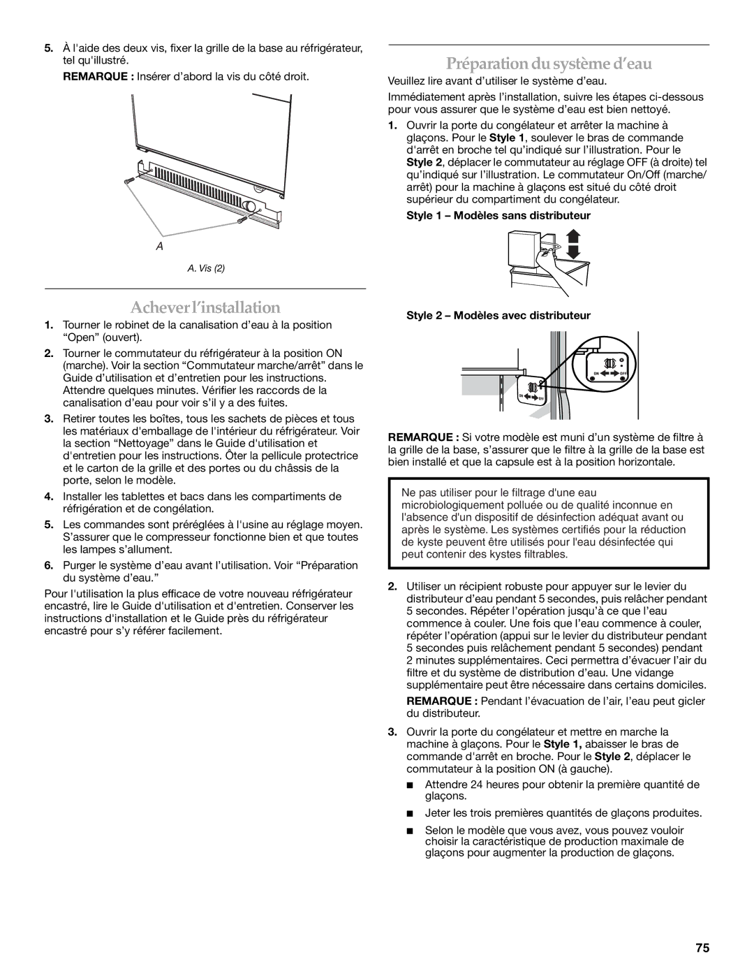 KitchenAid 2316565B Préparation du système d’eau, Acheverl’installation, Veuillez lire avant d’utiliser le système d’eau 