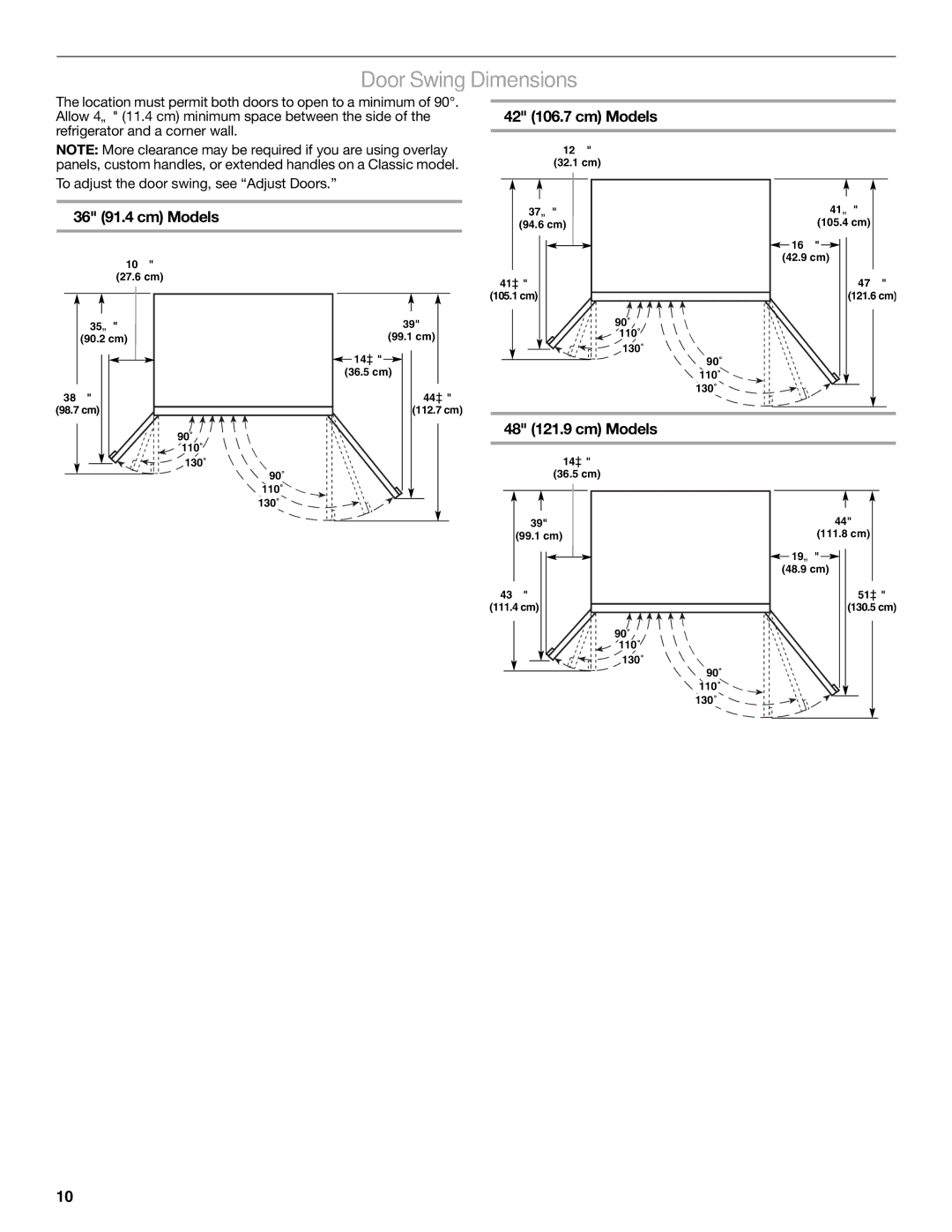 KitchenAid 2316565C manual Door Swing Dimensions, 36 91.4 cm Models, 42 106.7 cm Models, 48 121.9 cm Models 