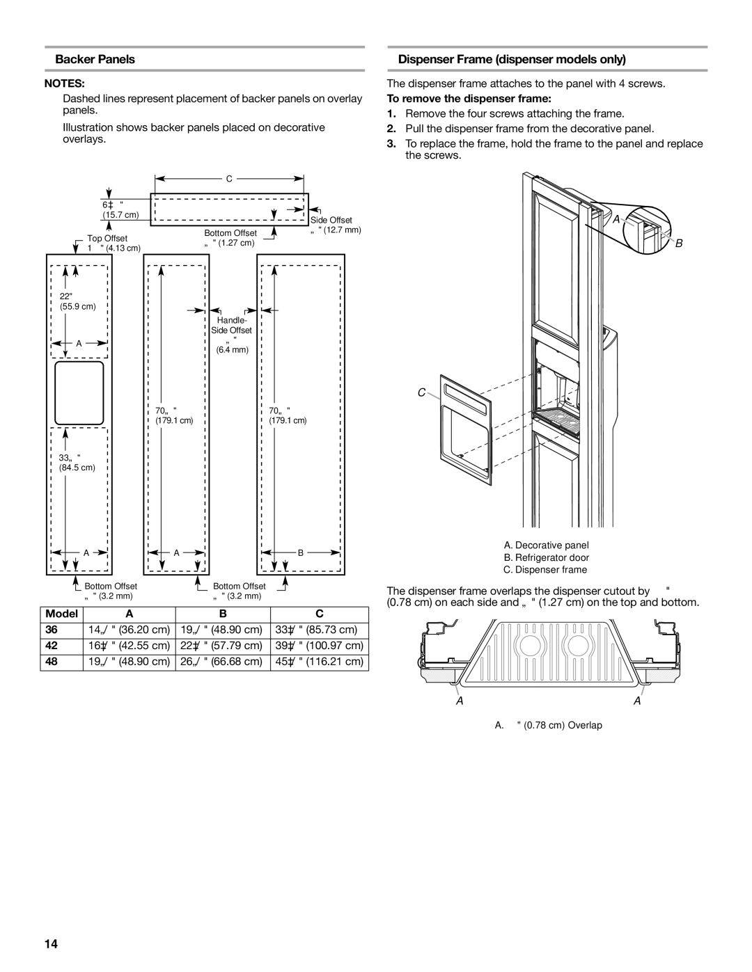 KitchenAid 2316565C manual Backer Panels, Dispenser Frame dispenser models only, To remove the dispenser frame 