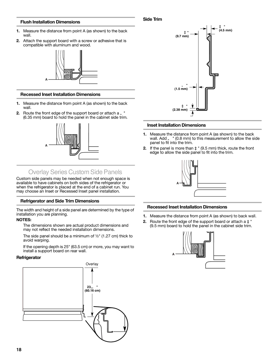 KitchenAid 2316565C manual Overlay Series Custom Side Panels, Flush Installation Dimensions 