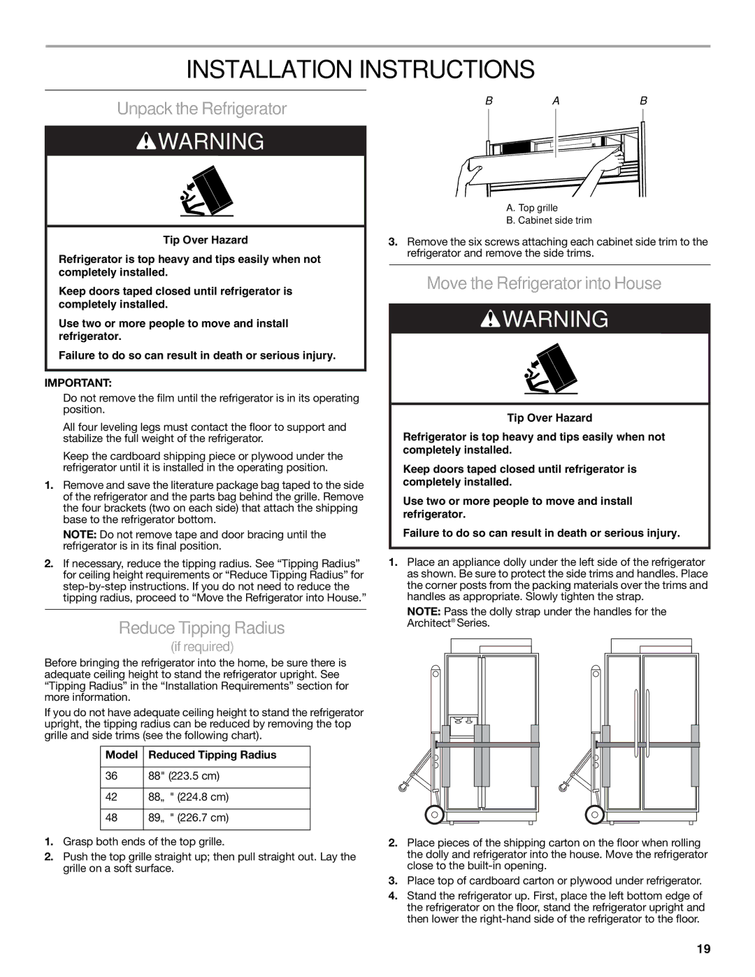 KitchenAid 2316565C manual Installation Instructions, Unpack the Refrigerator, Reduce Tipping Radius 