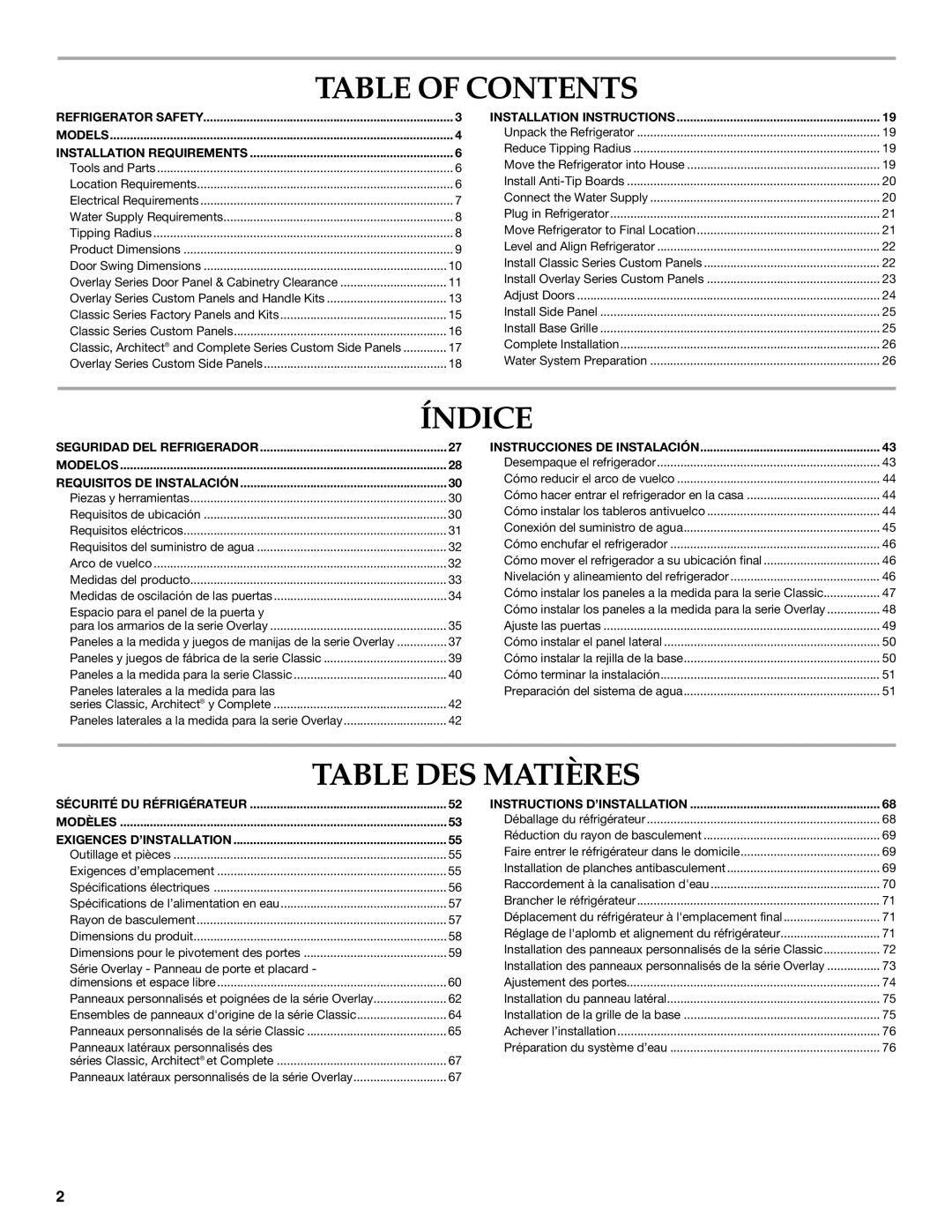 KitchenAid 2316565C manual Table of Contents, Índice, Table DES Matières 