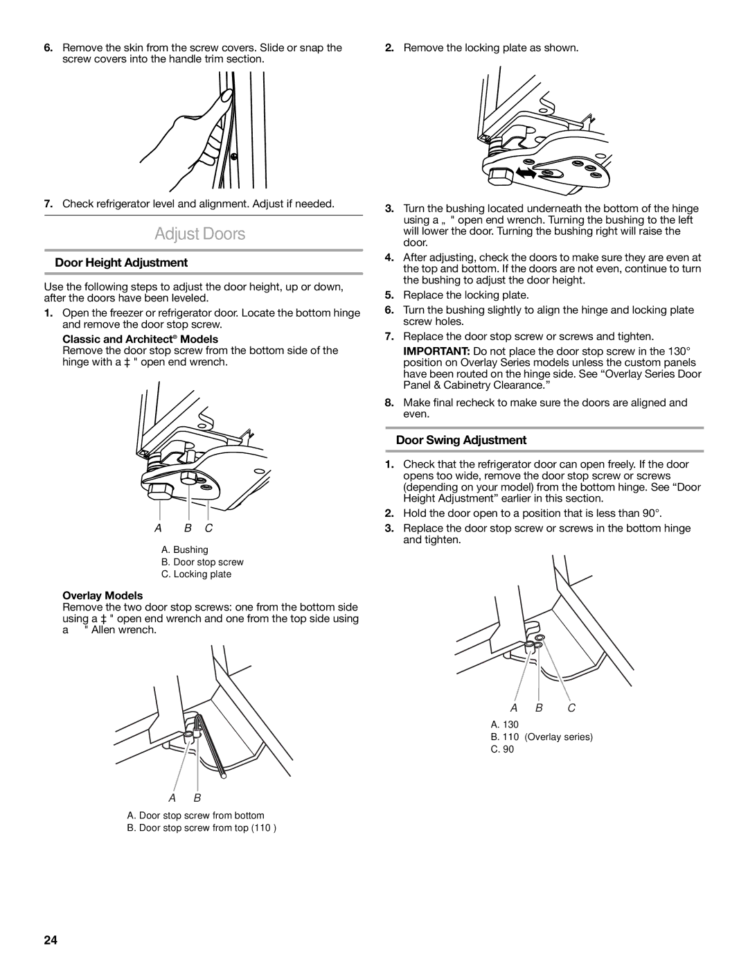 KitchenAid 2316565C manual Adjust Doors, Door Height Adjustment, Door Swing Adjustment, Classic and Architect Models 