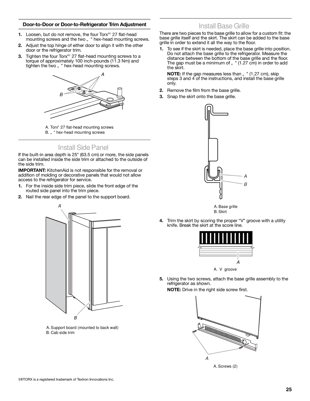 KitchenAid 2316565C manual Install Base Grille, Install Side Panel, Door-to-Door or Door-to-Refrigerator Trim Adjustment 