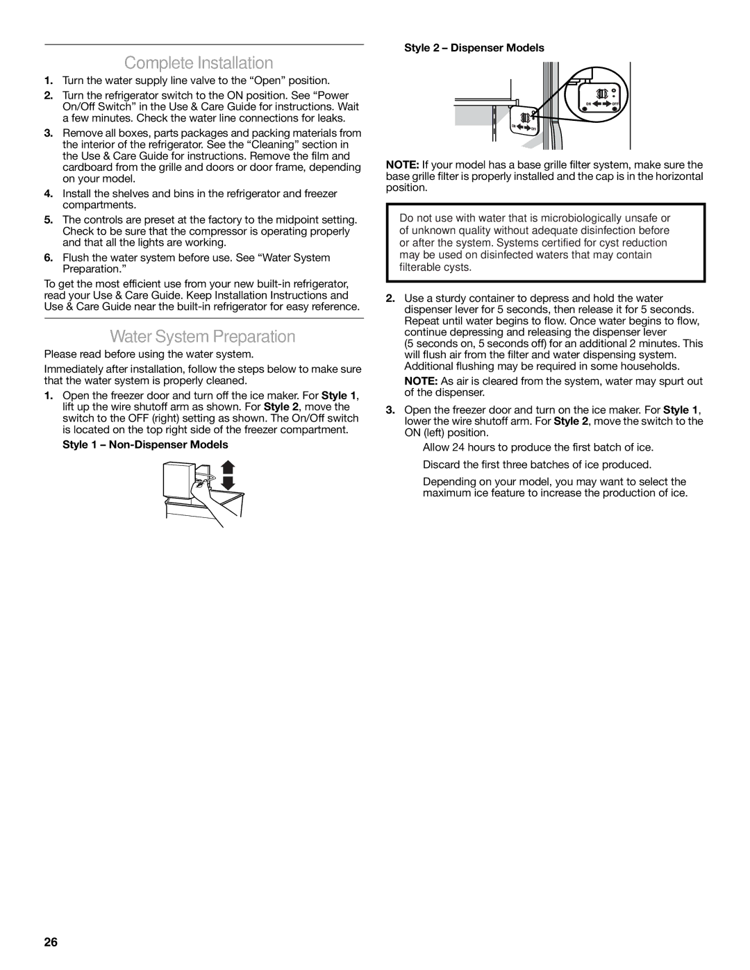 KitchenAid 2316565C Complete Installation, Water System Preparation, Turn the water supply line valve to the Open position 