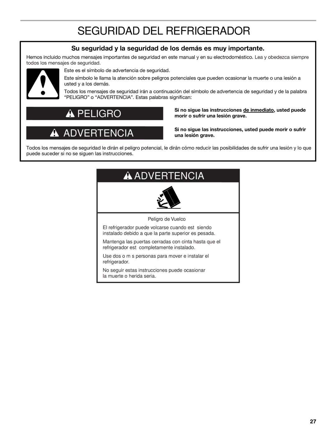 KitchenAid 2316565C manual Seguridad DEL Refrigerador, Su seguridad y la seguridad de los demás es muy importante 