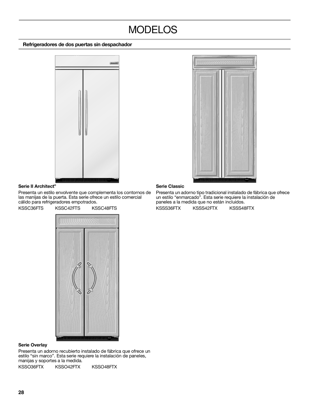 KitchenAid 2316565C manual Modelos, Refrigeradores de dos puertas sin despachador, Serie II Architect, Serie Classic 