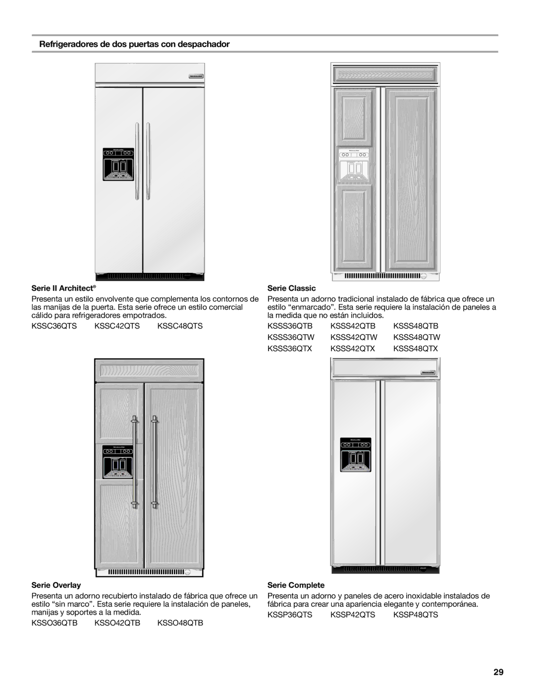 KitchenAid 2316565C manual Refrigeradores de dos puertas con despachador, Serie Complete 