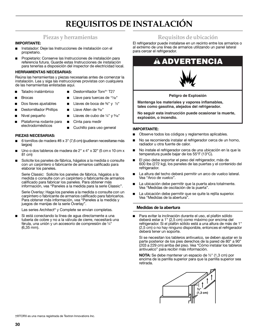 KitchenAid 2316565C Requisitos DE Instalación, Piezas y herramientas, Requisitos de ubicación, Medidas de la abertura 