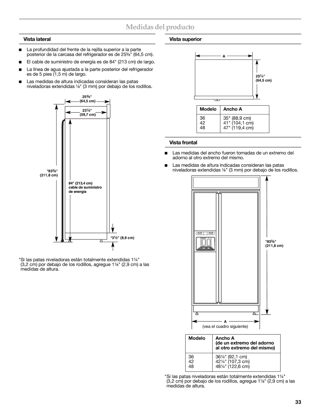 KitchenAid 2316565C manual Medidas del producto, Vista lateral, Vista superior, Vista frontal, Modelo Ancho a 