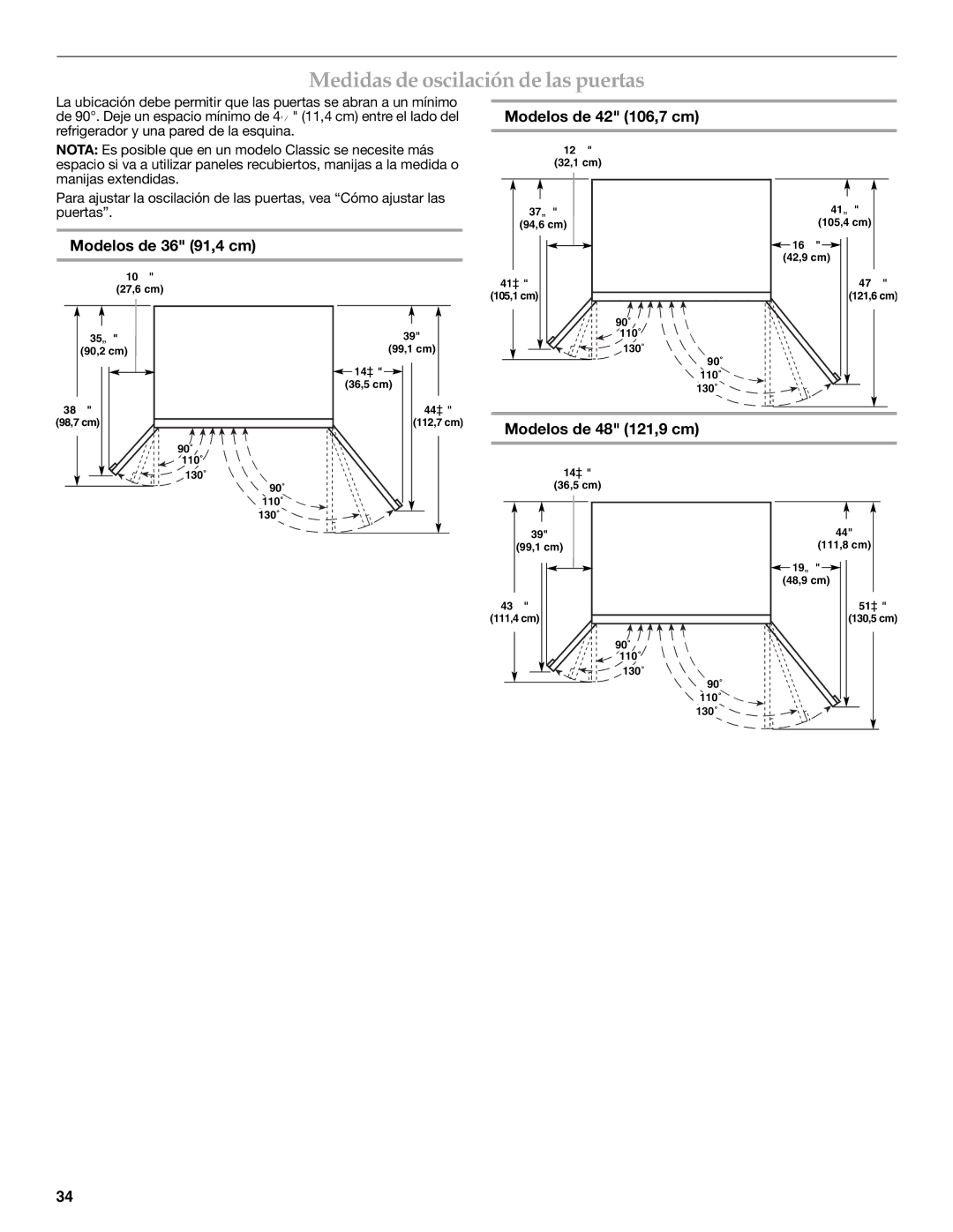 KitchenAid 2316565C manual Medidas de oscilación de las puertas, Modelos de 36 91,4 cm, Modelos de 42 106,7 cm 