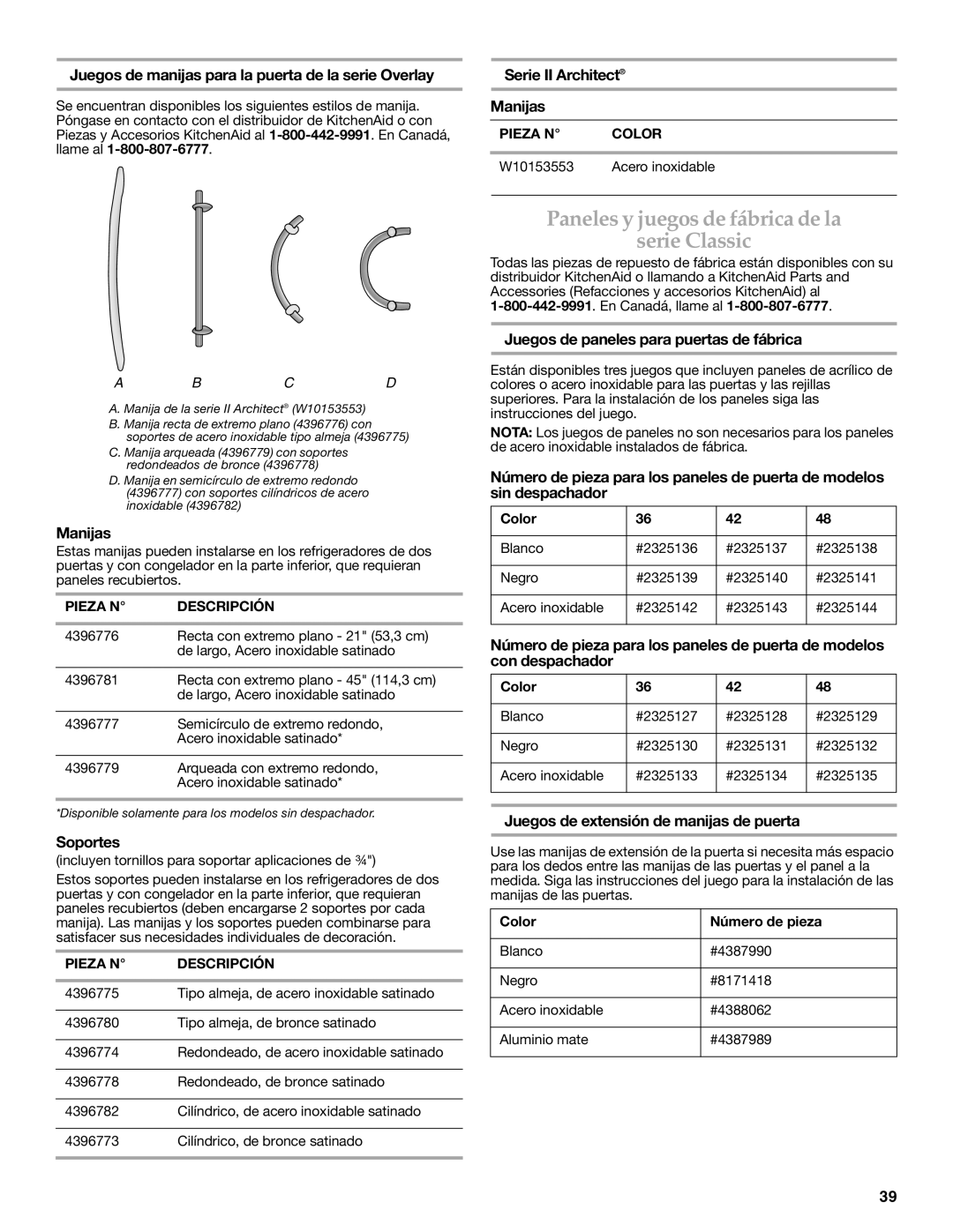 KitchenAid 2316565C manual Paneles y juegos de fábrica de la Serie Classic 