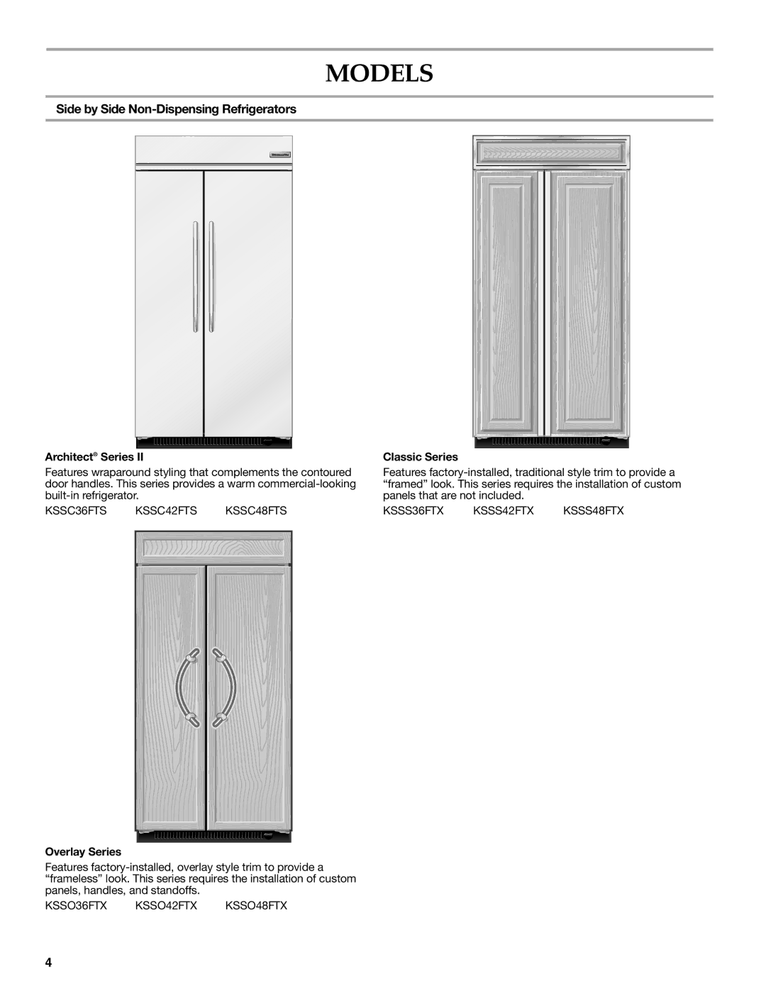 KitchenAid 2316565C Models, Side by Side Non-Dispensing Refrigerators, Architect Series, Classic Series, Overlay Series 