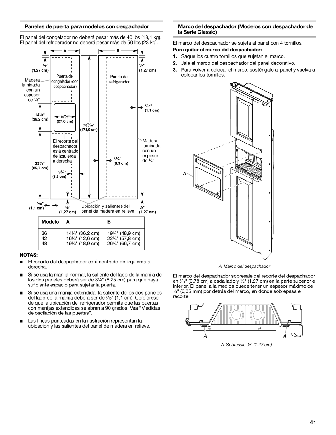 KitchenAid 2316565C manual Paneles de puerta para modelos con despachador 