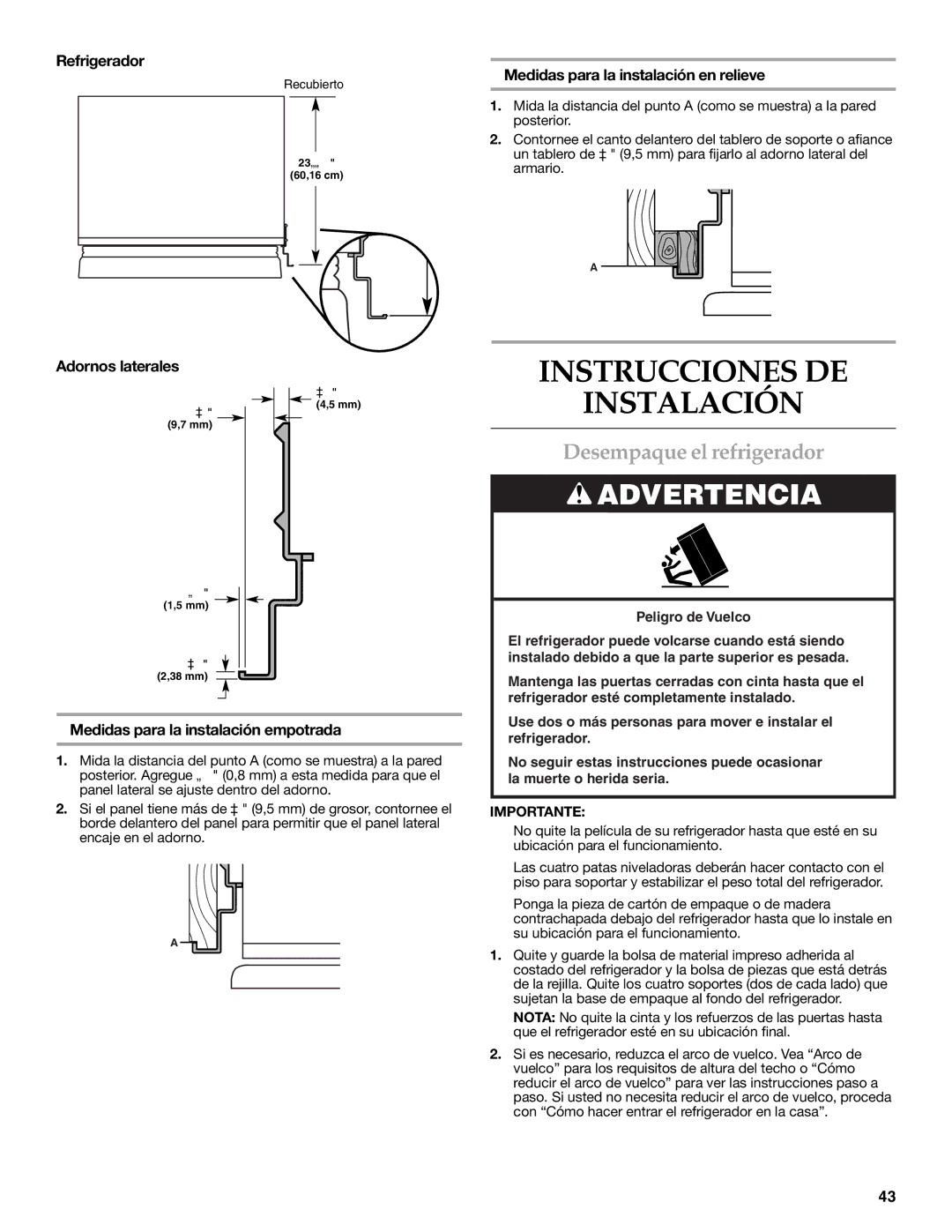 KitchenAid 2316565C manual Instrucciones DE Instalación, Desempaque el refrigerador 