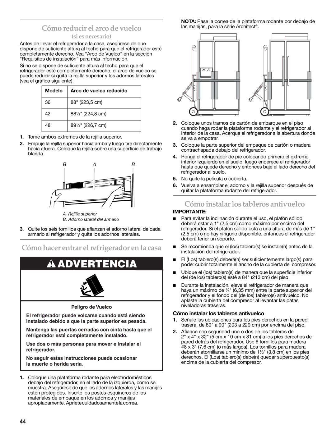 KitchenAid 2316565C manual Cómo reducir el arco de vuelco, Cómo hacer entrar el refrigerador en la casa 