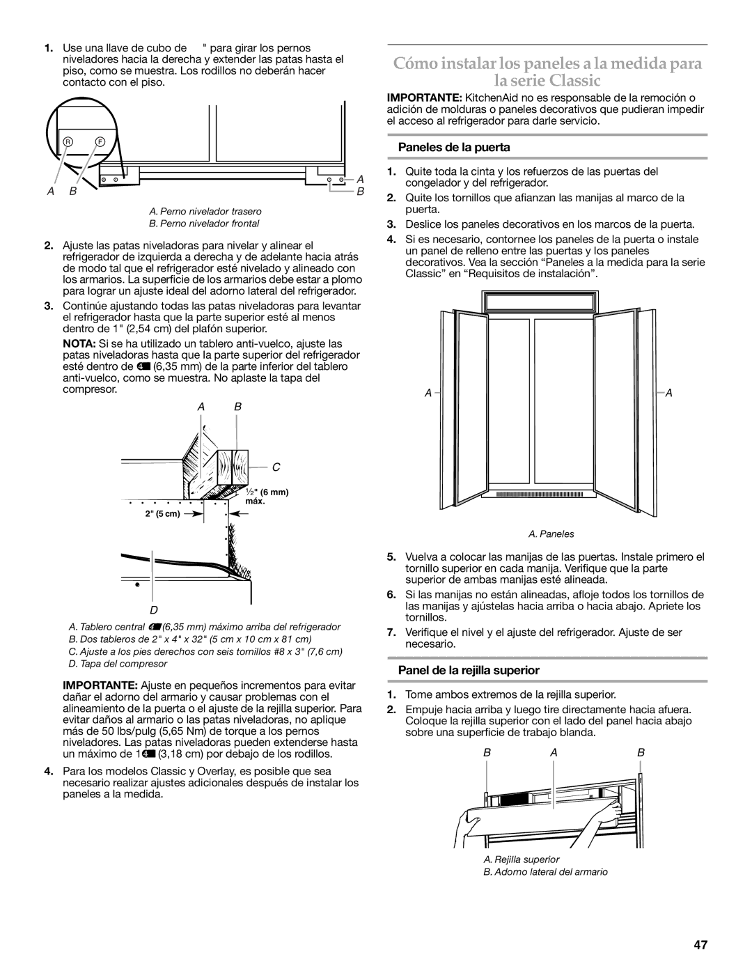 KitchenAid 2316565C manual Cómo instalar los paneles a la medida para La serie Classic, Paneles de la puerta 