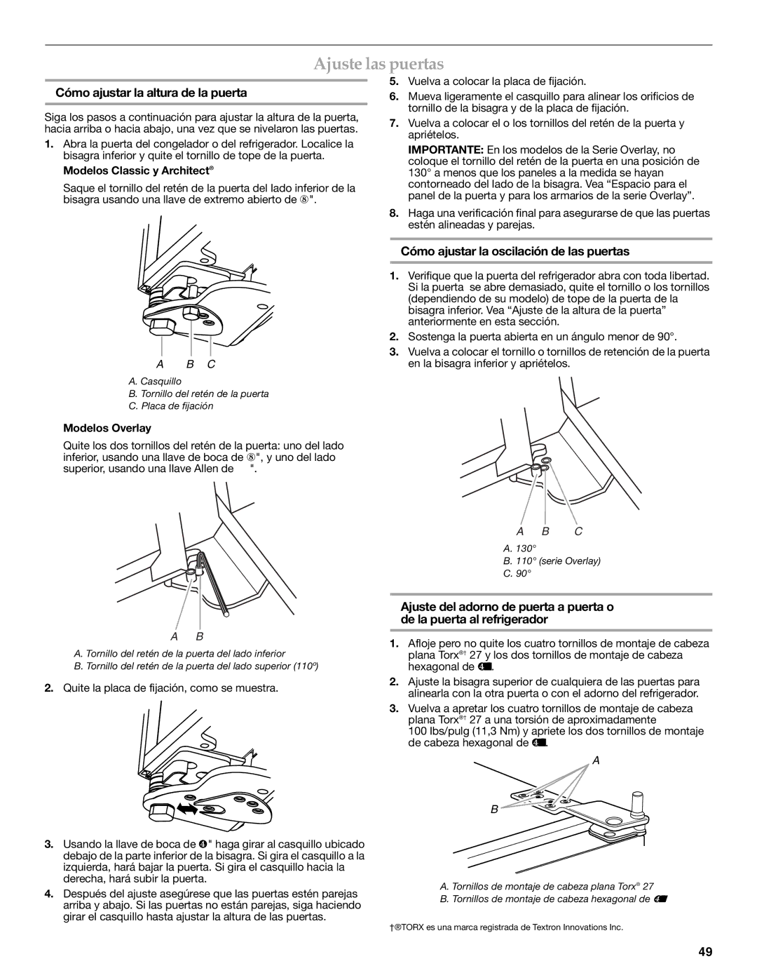 KitchenAid 2316565C Ajuste las puertas, Cómo ajustar la altura de la puerta, Cómo ajustar la oscilación de las puertas 