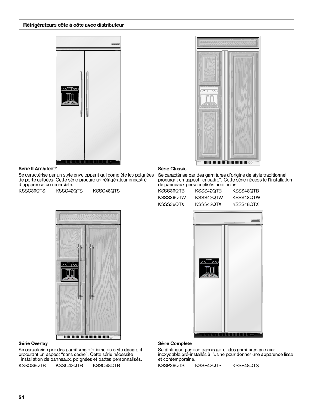 KitchenAid 2316565C manual Réfrigérateurs côte à côte avec distributeur, Série Complete 